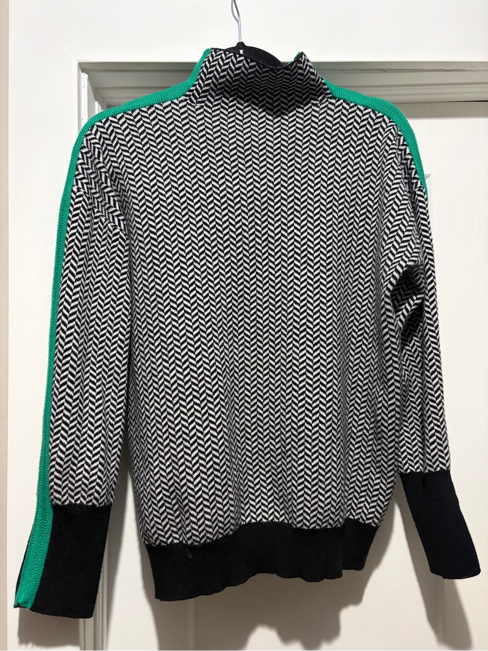 Black & White Chevron Turtleneck Sweater with Green Stripe